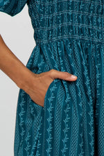 PinkBlush Teal Leaf Print Smocked Midi Dress - 