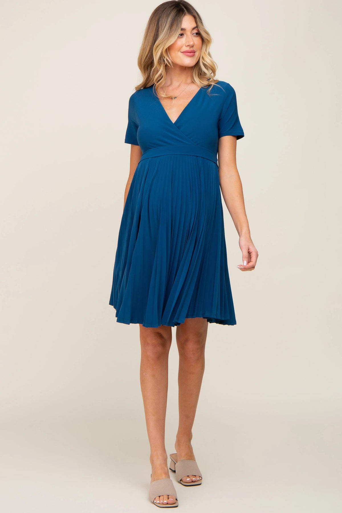 PinkBlush Teal Pleated Maternity/Nursing Dress - 