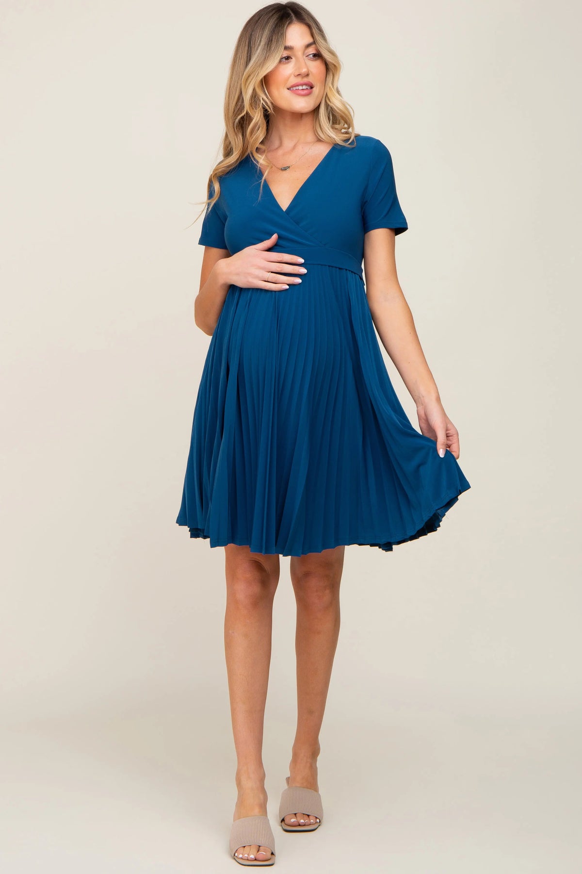 PinkBlush Teal Pleated Maternity/Nursing Dress - 