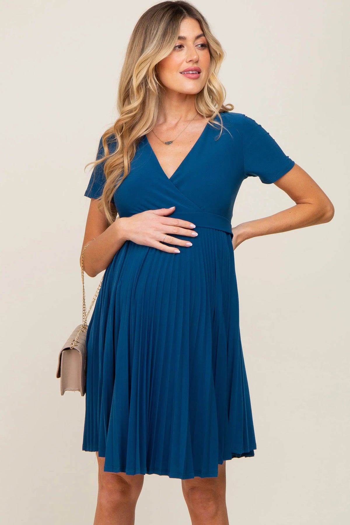 Teal Pleated Maternity/Nursing Dress - Dress, Person, Necklace, Handbag | Everetts Place