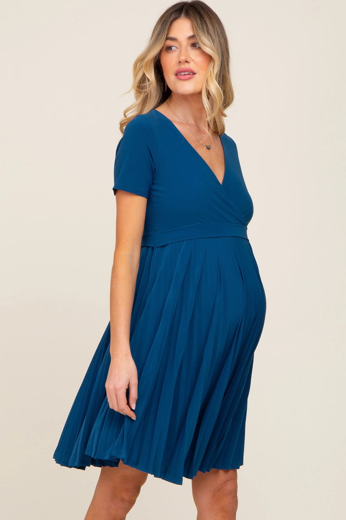 PinkBlush Teal Pleated Maternity/Nursing Dress - 