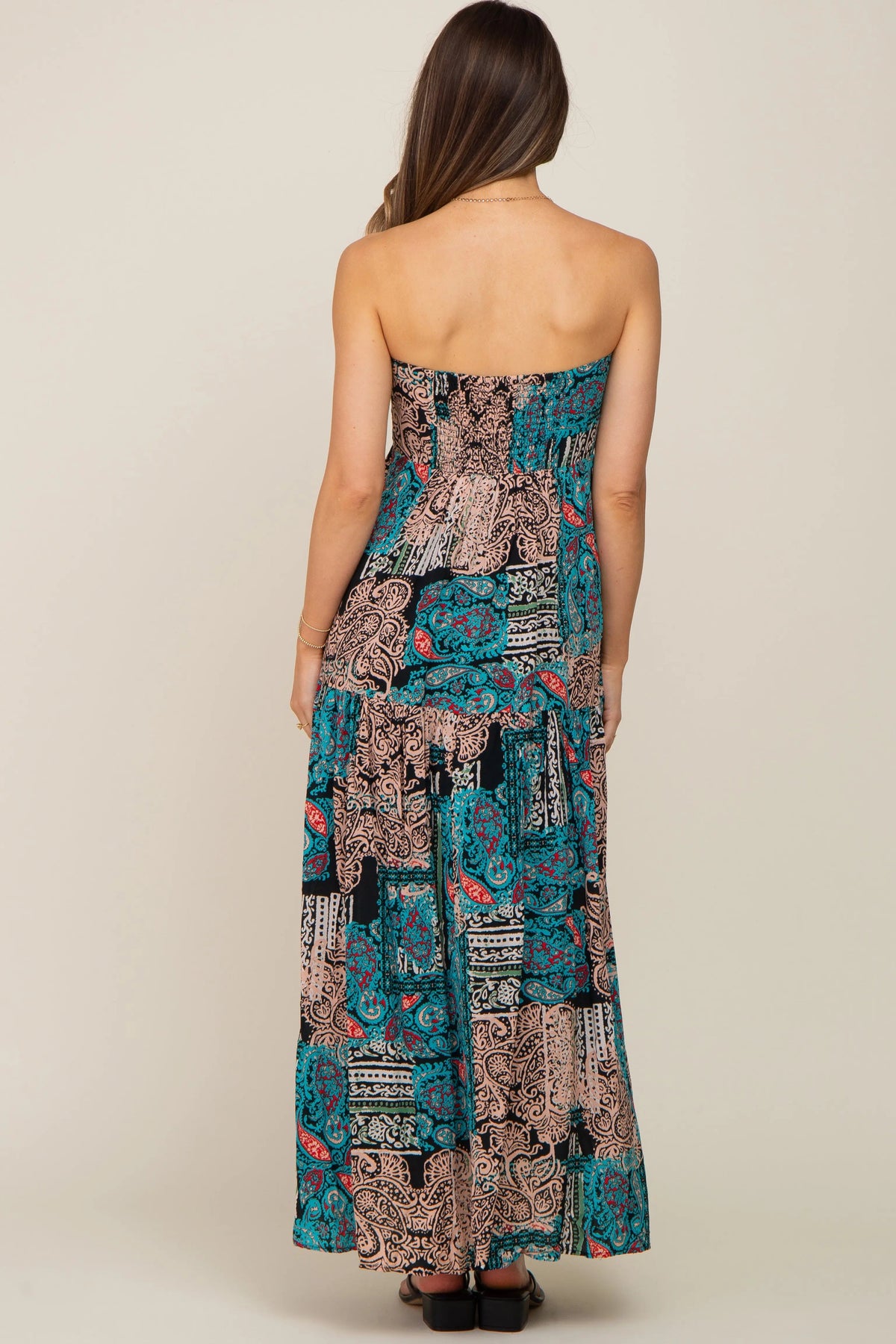 PinkBlush Teal Printed Halter Tassel Front Tie Maternity Maxi Dress - 