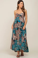 PinkBlush Teal Printed Halter Tassel Front Tie Maternity Maxi Dress - 