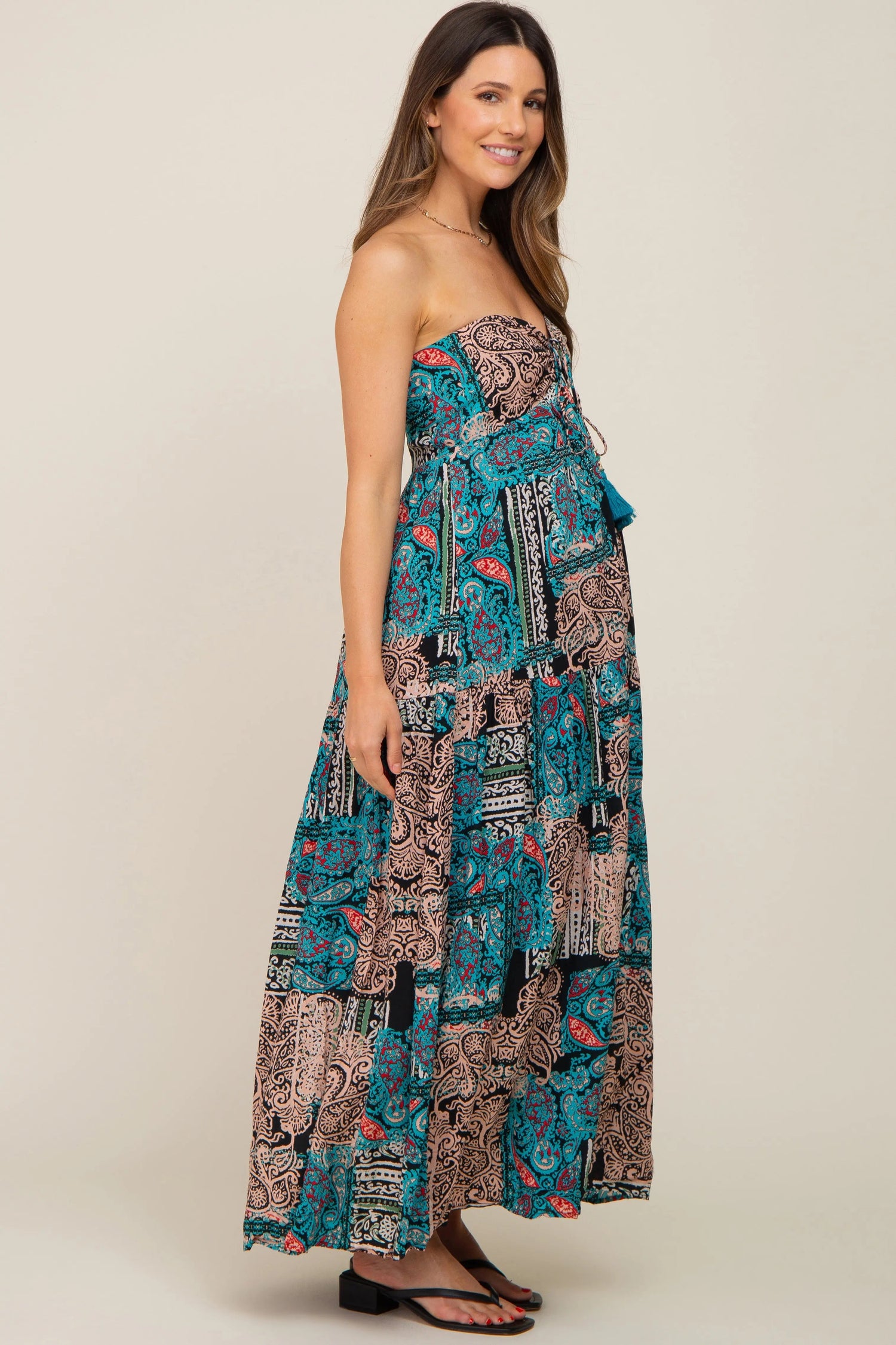 PinkBlush Teal Printed Halter Tassel Front Tie Maternity Maxi Dress - 
