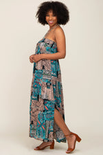 PinkBlush Teal Printed Halter Tassel Front Tie Maxi Dress - 