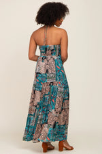 PinkBlush Teal Printed Halter Tassel Front Tie Maxi Dress - 