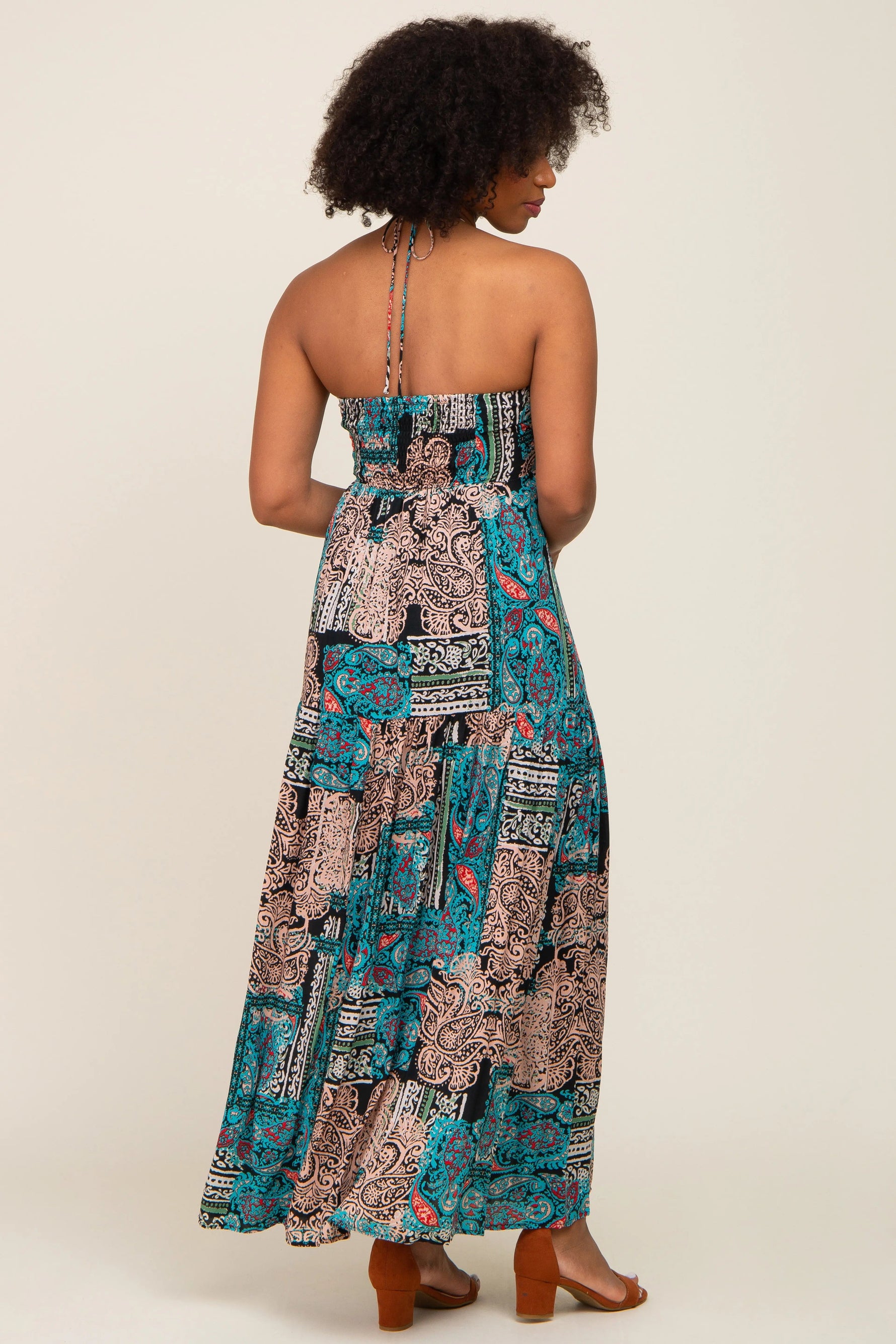 PinkBlush Teal Printed Halter Tassel Front Tie Maxi Dress - 