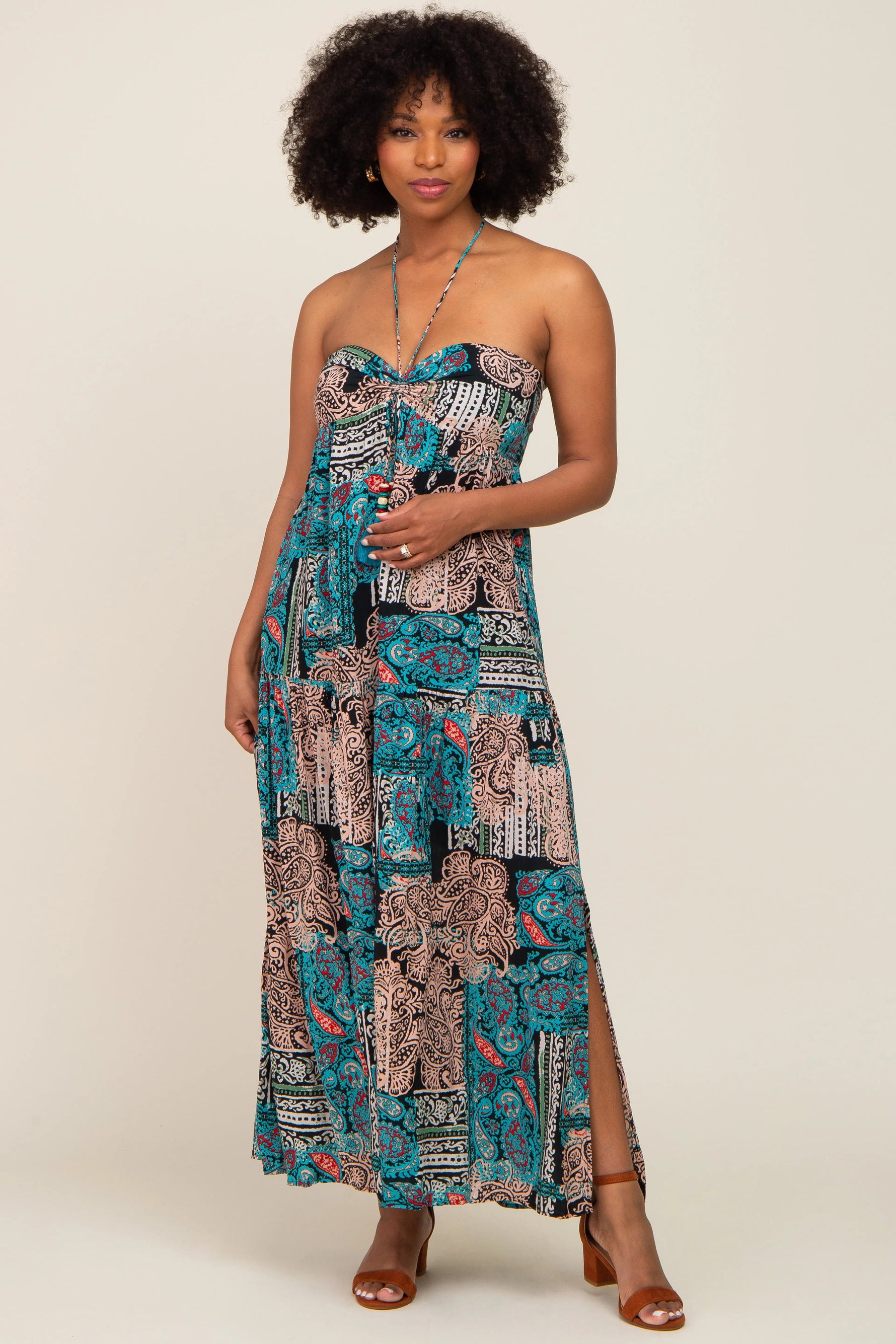 PinkBlush Teal Printed Halter Tassel Front Tie Maxi Dress - 