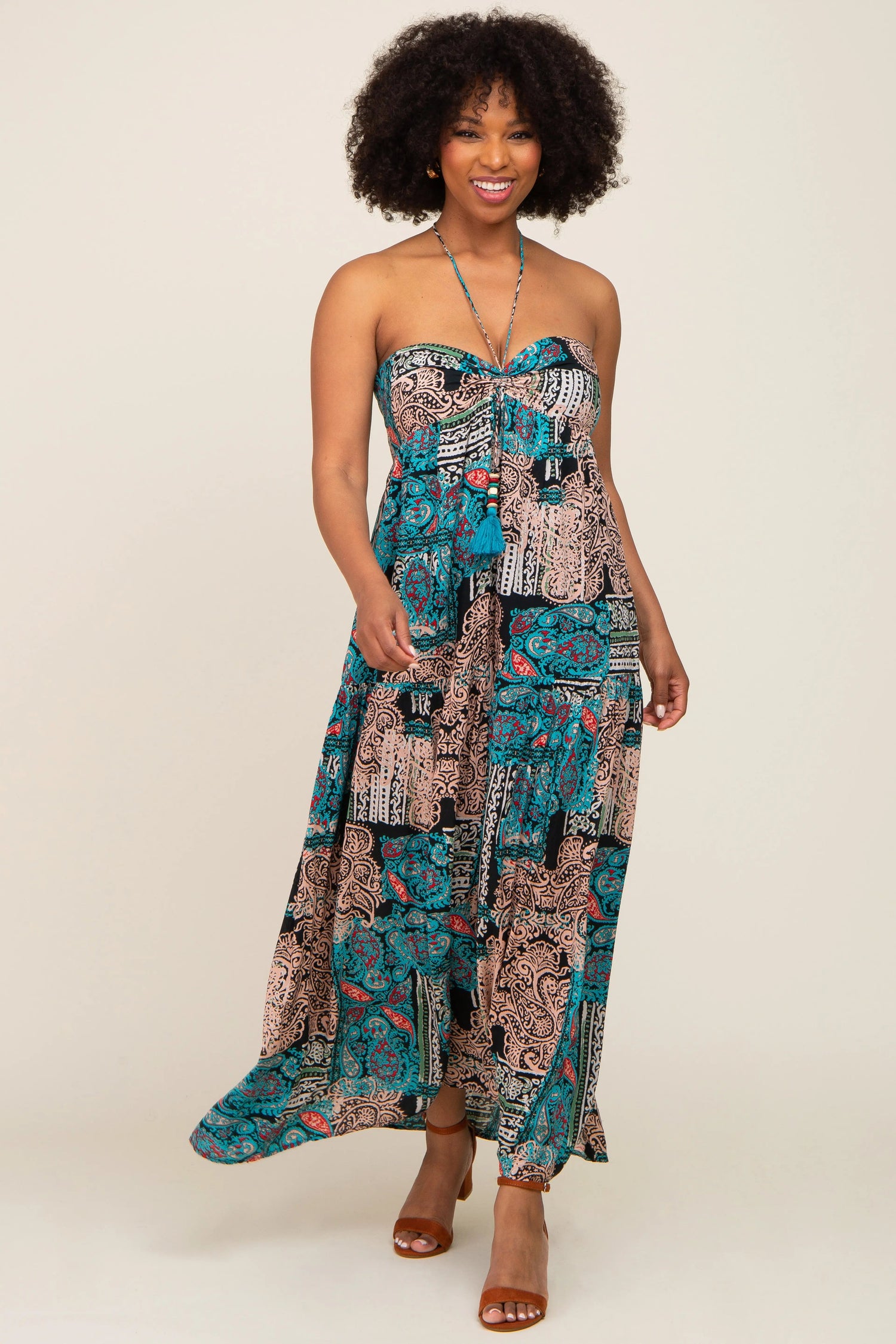 Teal Printed Halter Tassel Front Tie Maxi Dress - Fashion, Day Dress, One-piece garment, Dress, Strapless dress | Everetts Place