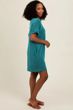 PinkBlush Teal Ribbed Rolled Cuff Dress - 