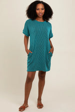 Teal Ribbed Rolled Cuff Dress - Sleeve, Textile, One-piece garment, Dress, Day Dress | Everetts Place