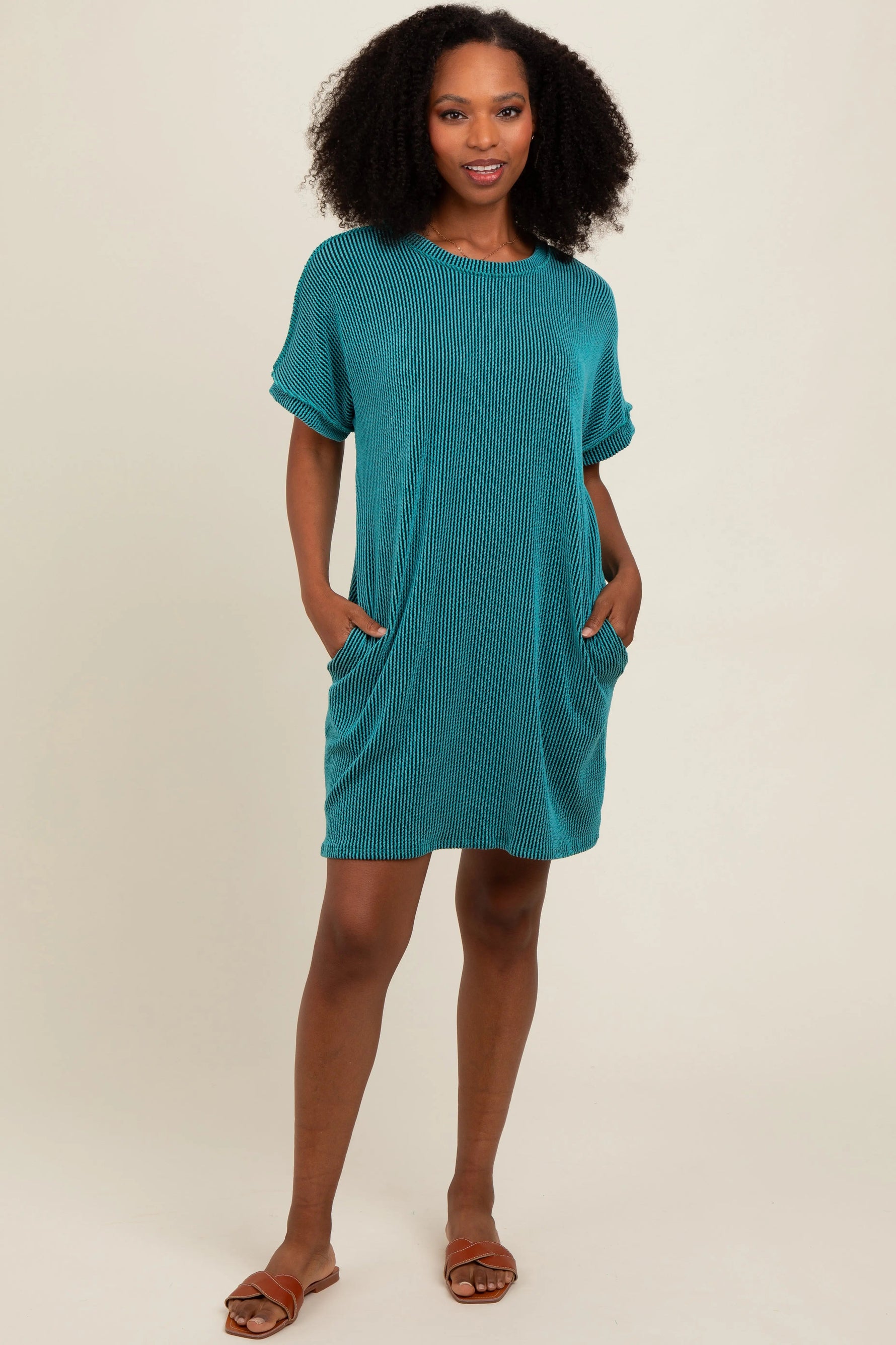 Teal Ribbed Rolled Cuff Dress - Sleeve, Textile, One-piece garment, Dress, Day Dress | Everetts Place