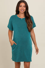 PinkBlush Teal Ribbed Rolled Cuff Maternity Dress