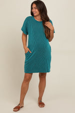Teal Ribbed Rolled Cuff Maternity Dress - Neck, One-piece garment, Dress, Day Dress, Pattern | Everetts Place