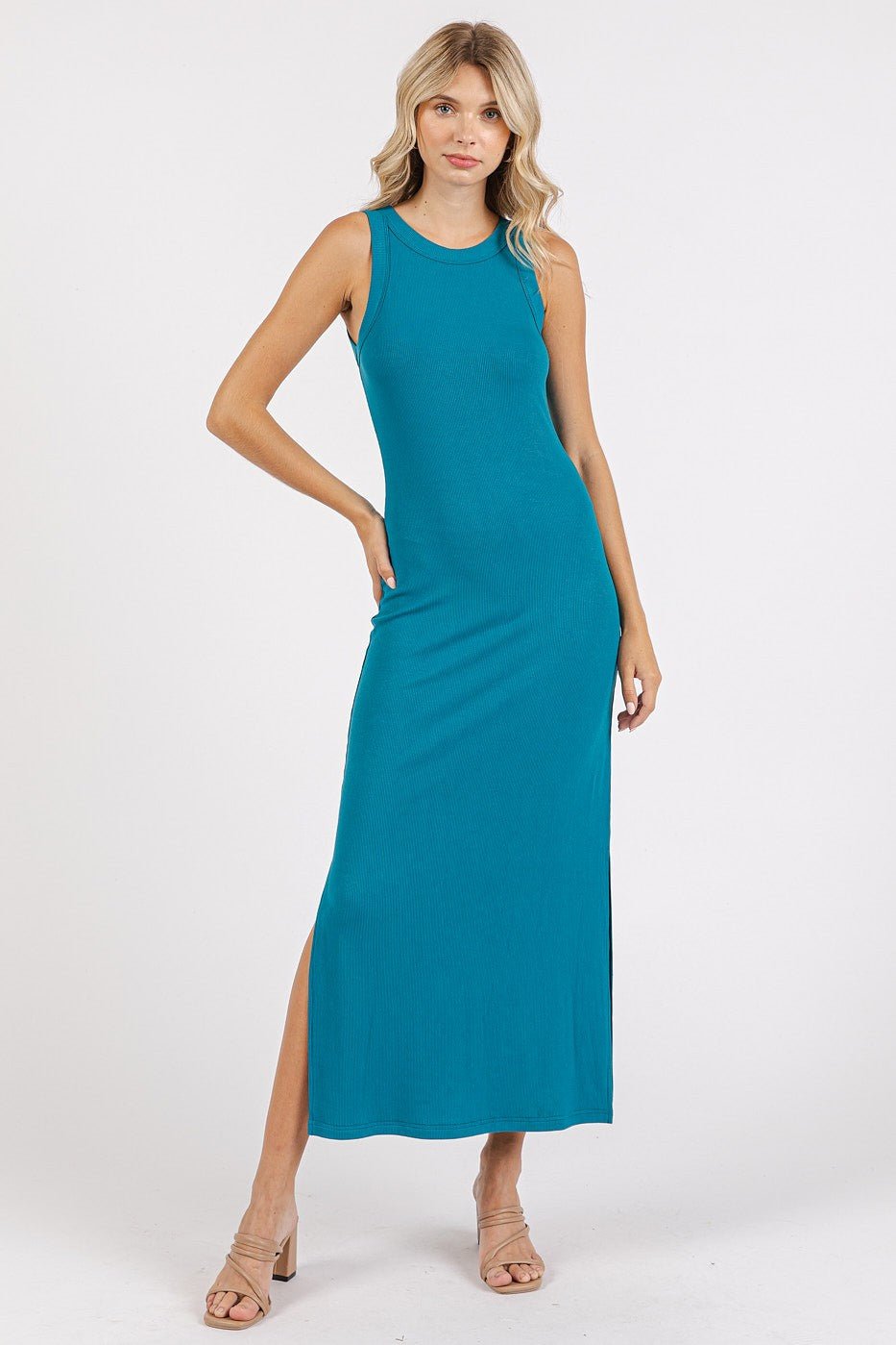 Teal Ribbed Side Slit Tank Dress - One-piece garment, Sleeveless shirt, Waist, Day Dress, Cocktail dress | Everetts Place