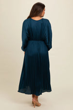 PinkBlush Teal Satin Pleated V - Neck Maternity Maxi Dress - 