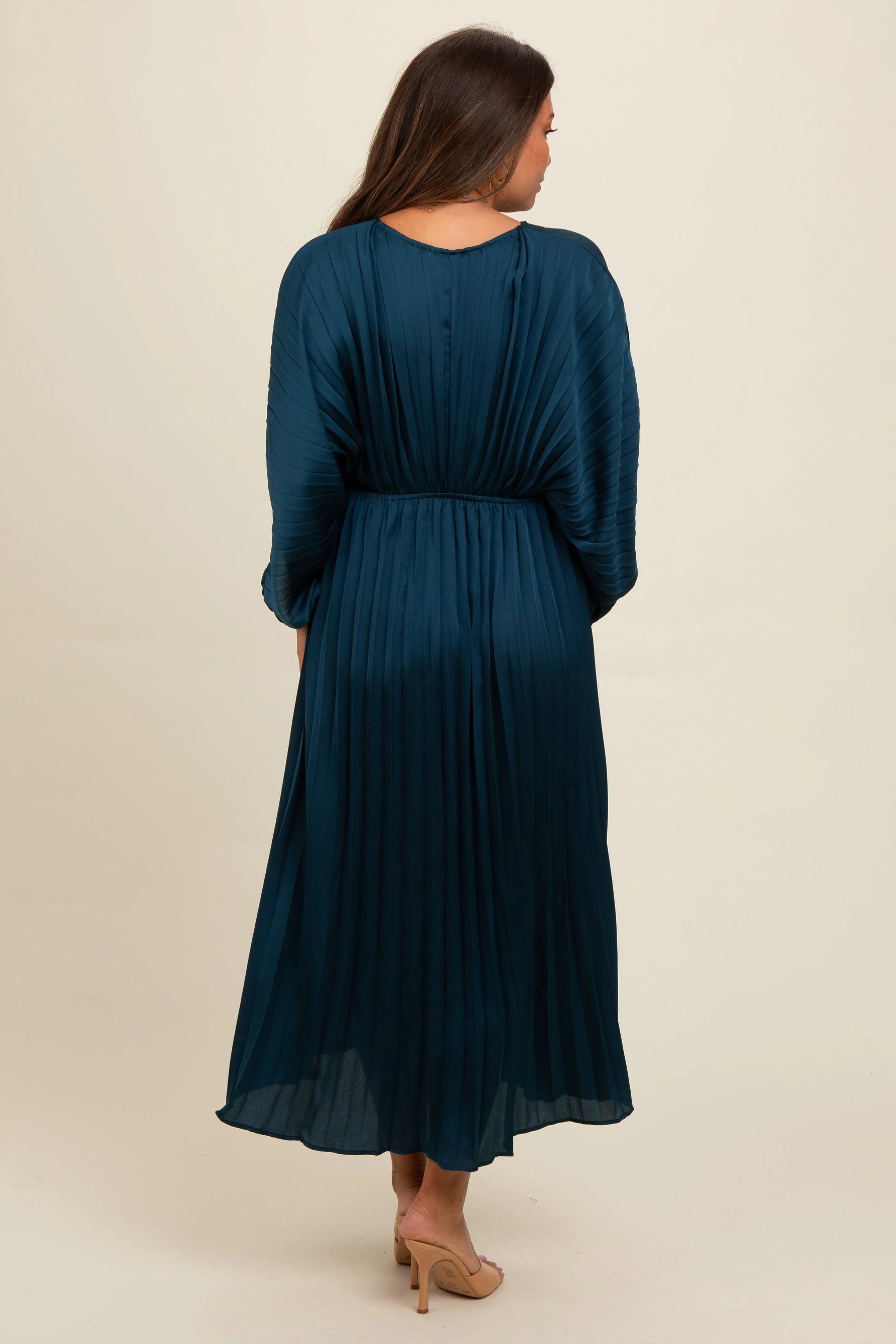 PinkBlush Teal Satin Pleated V - Neck Maternity Maxi Dress - 