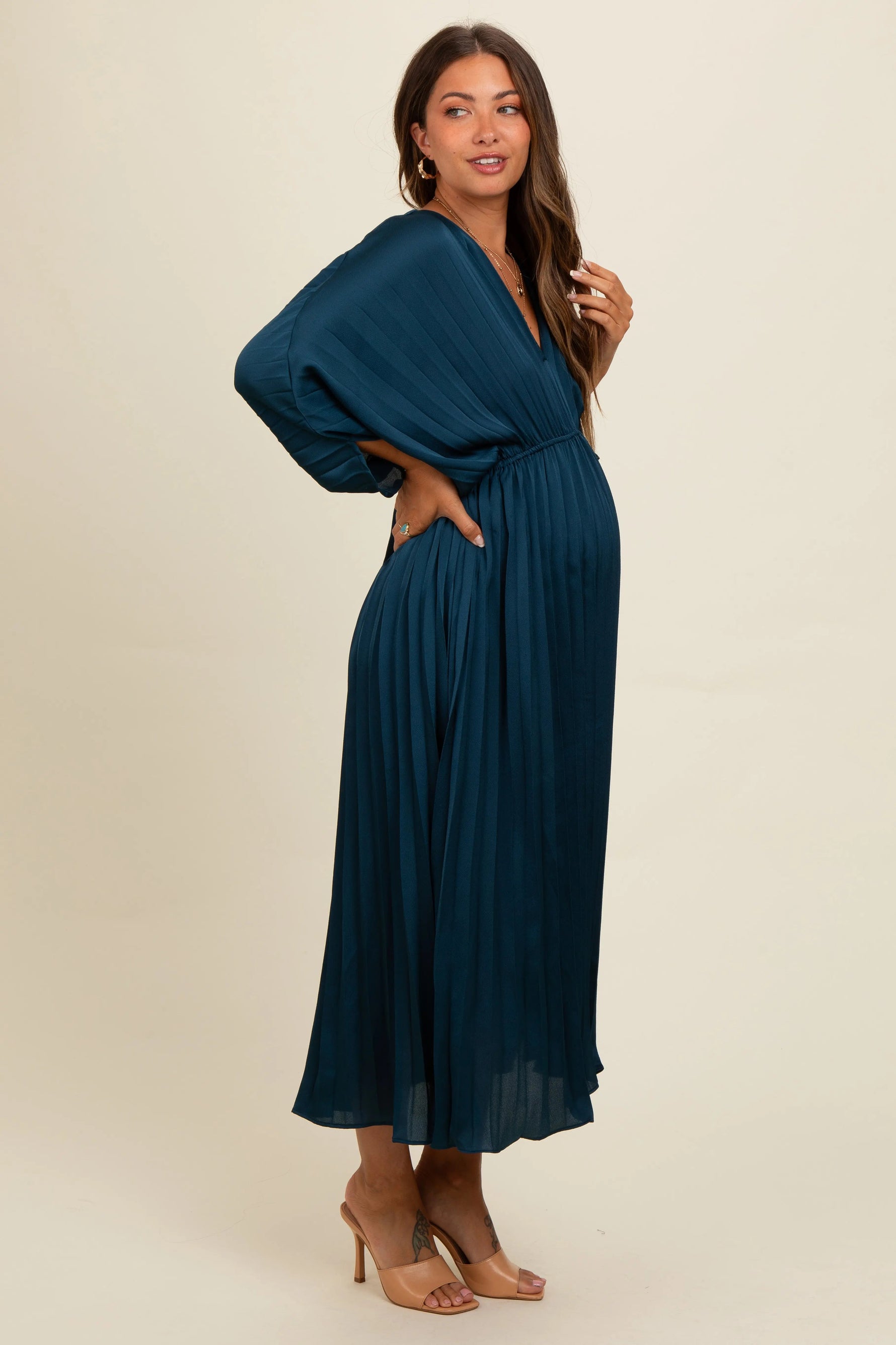 PinkBlush Teal Satin Pleated V - Neck Maternity Maxi Dress - 