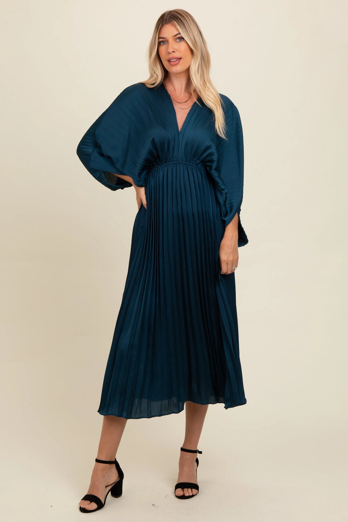 PinkBlush Teal Satin Pleated V - Neck Maternity Maxi Dress - 