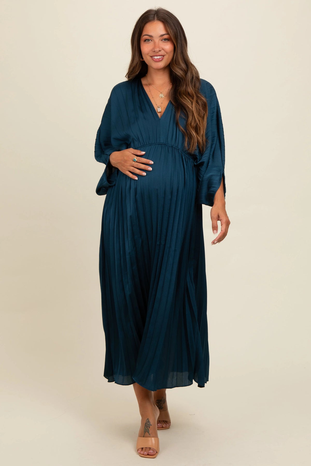 PinkBlush Teal Satin Pleated V - Neck Maternity Maxi Dress - 