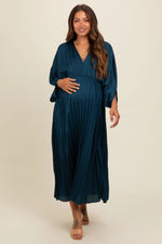 PinkBlush Teal Satin Pleated V - Neck Maternity Maxi Dress - 