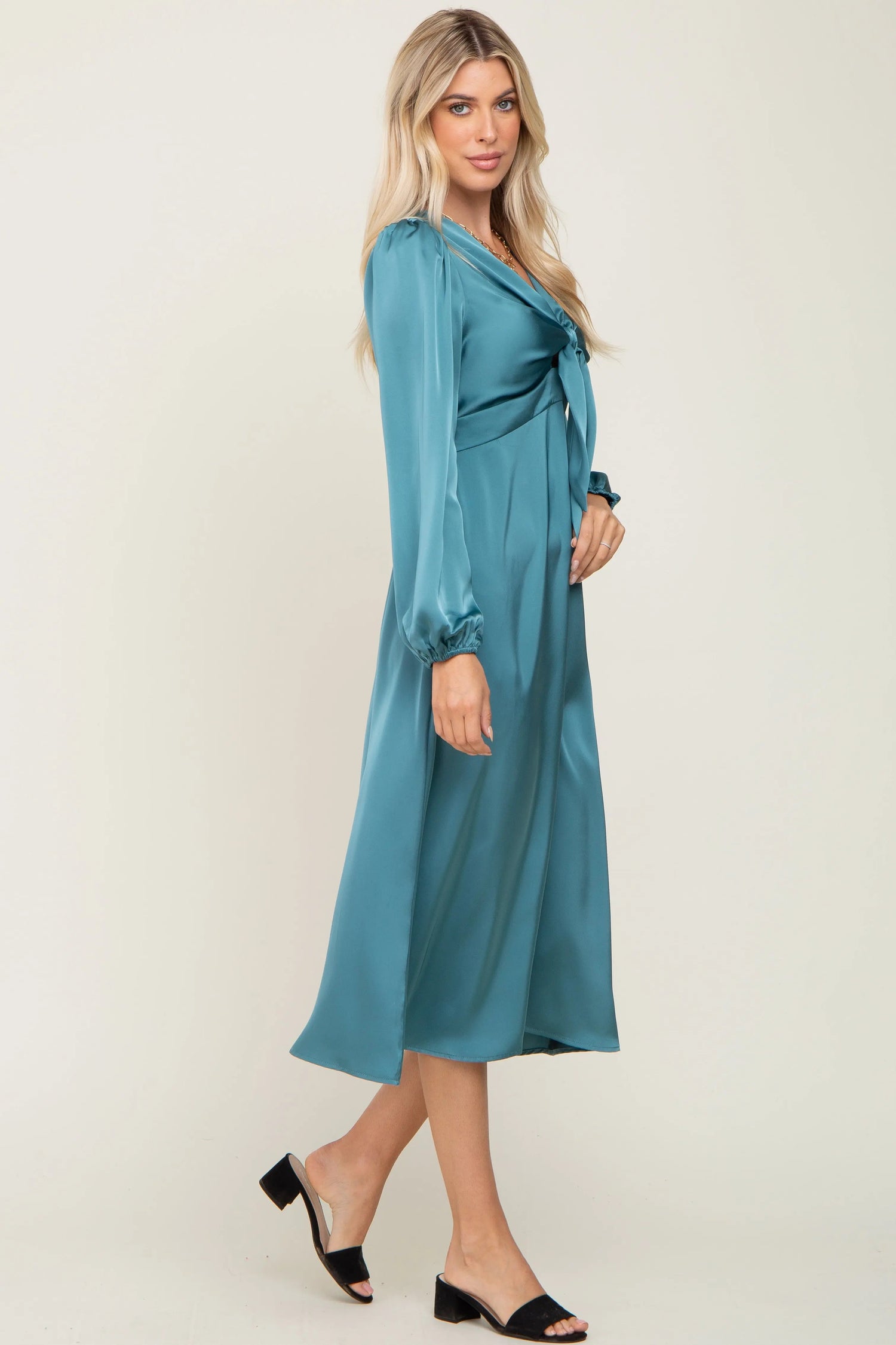 PinkBlush Teal Satin Tie Front Cutout Midi Dress - 