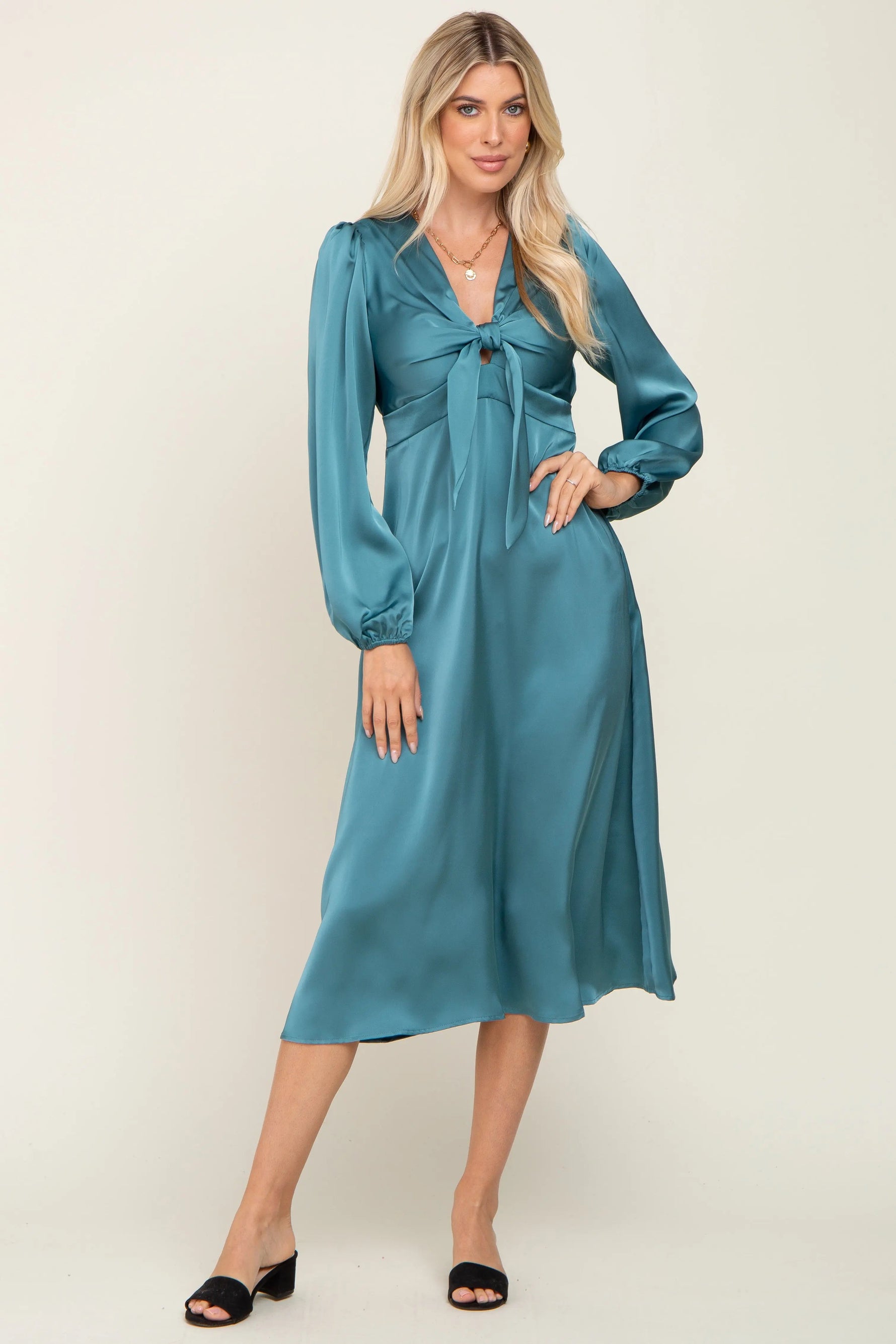 PinkBlush Teal Satin Tie Front Cutout Midi Dress - 