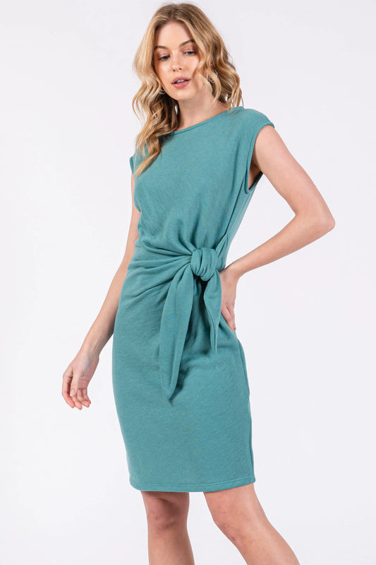 Teal Terry Knit Gathered Waist Dress for Women with Rounded Neckline and Self Tie Detail PinkBlush
