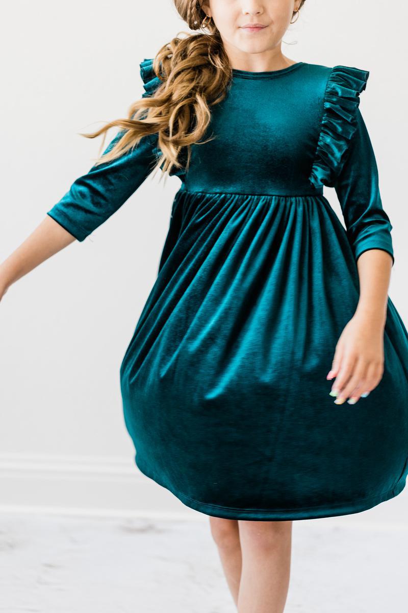 Mila & Rose ® Teal Velvet Ruffle Twirl Dress - 