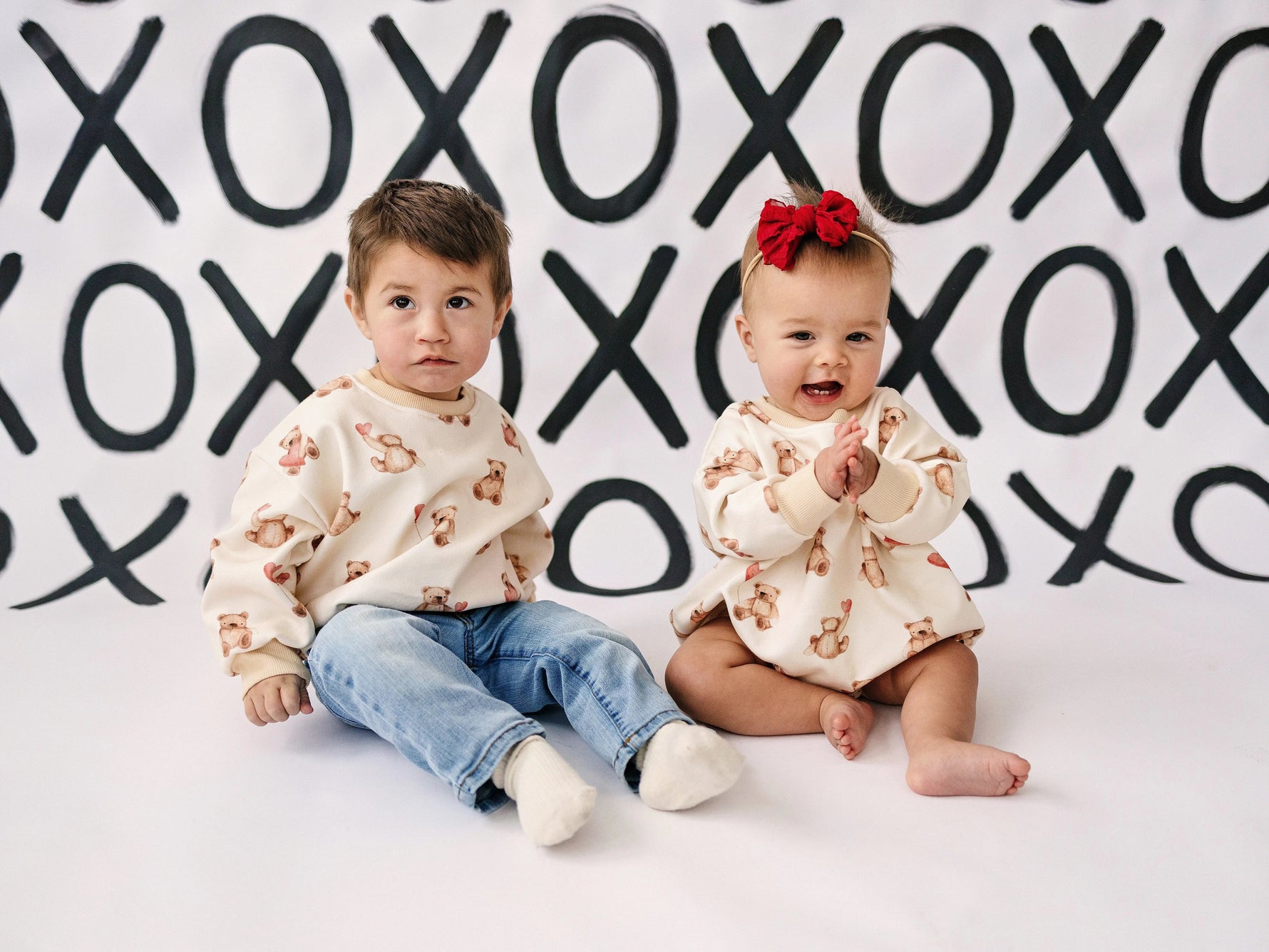Little Joy Co. Teddy Bear Hearts Plaid Sweatshirt Romper for Baby and Toddler - 