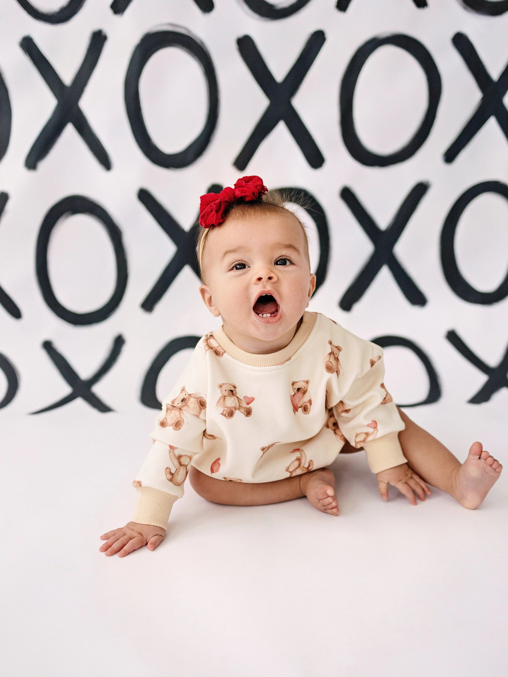 Little Joy Co. Teddy Bear Hearts Plaid Sweatshirt Romper for Baby and Toddler - 