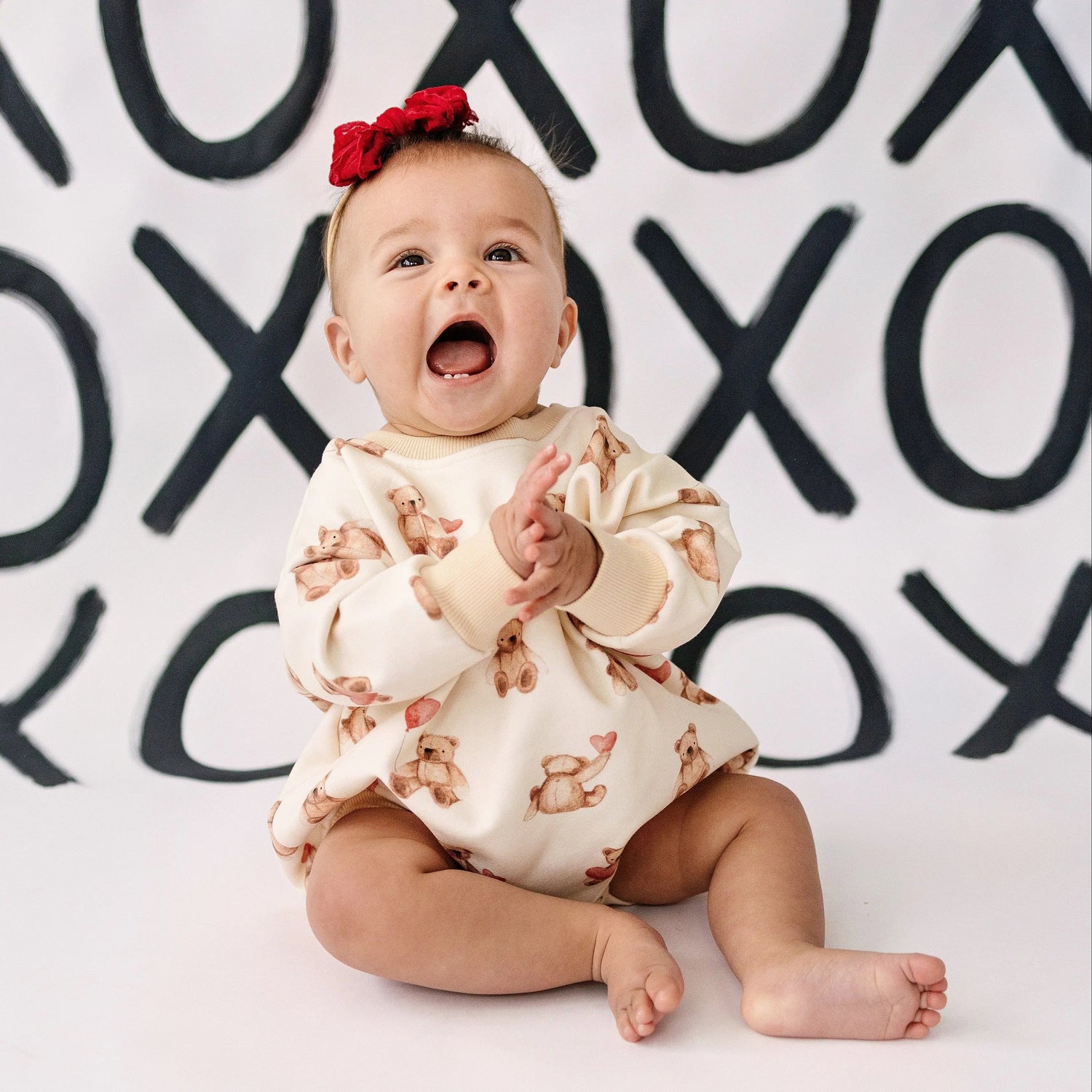 Little Joy Co. Teddy Bear Hearts Plaid Sweatshirt Romper for Baby and Toddler - 