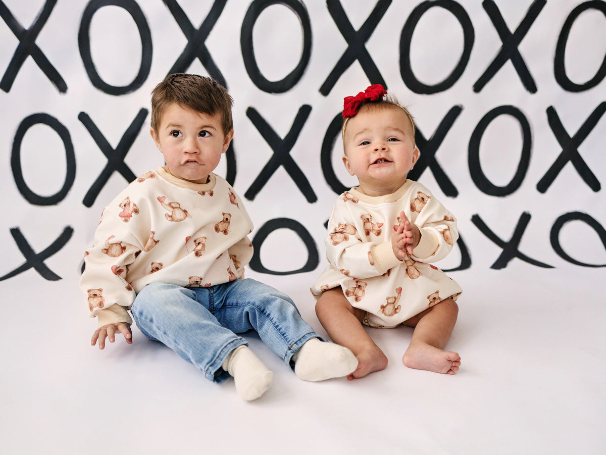 Little Joy Co. Teddy Bear Hearts Plaid Sweatshirt Romper for Baby and Toddler - 
