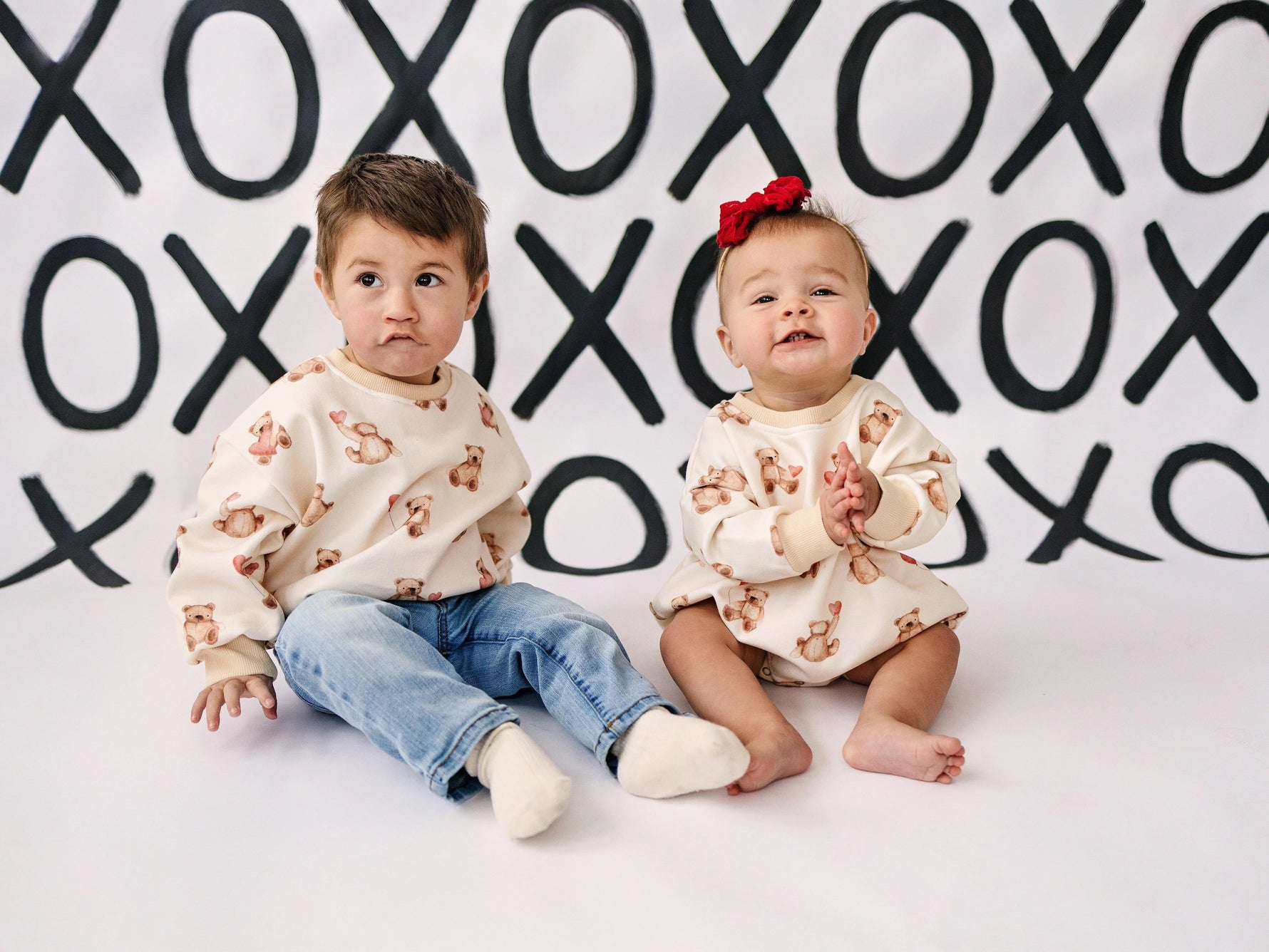 Little Joy Co. Teddy Bear Hearts Plaid Sweatshirt Romper for Baby and Toddler - 