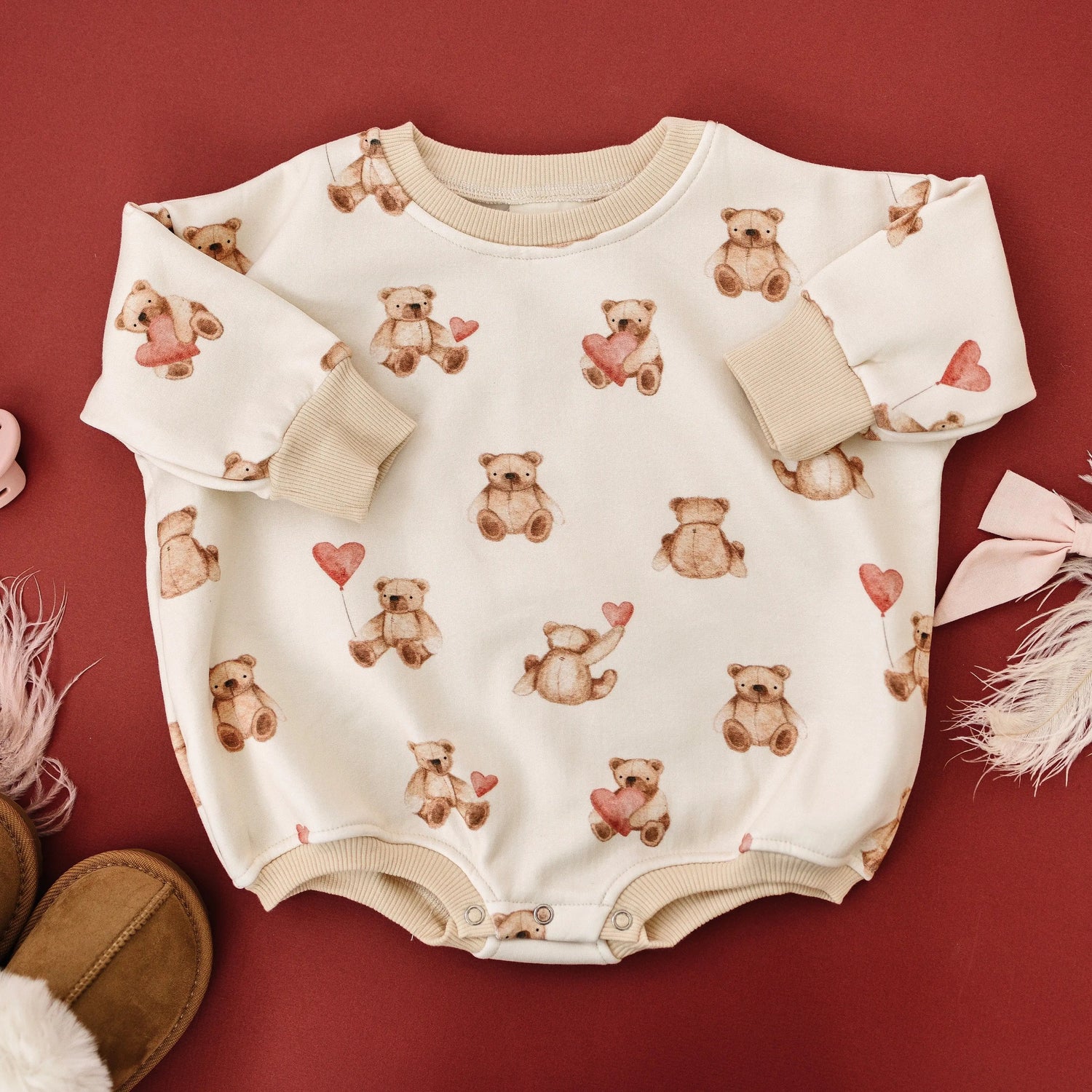 Little Joy Co. Teddy Bear Hearts Plaid Sweatshirt Romper for Baby and Toddler - 
