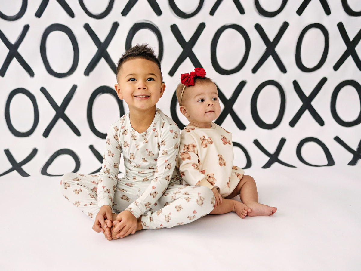 Little Joy Co. Teddy Bear Hearts Plaid Sweatshirt Romper for Baby and Toddler - 