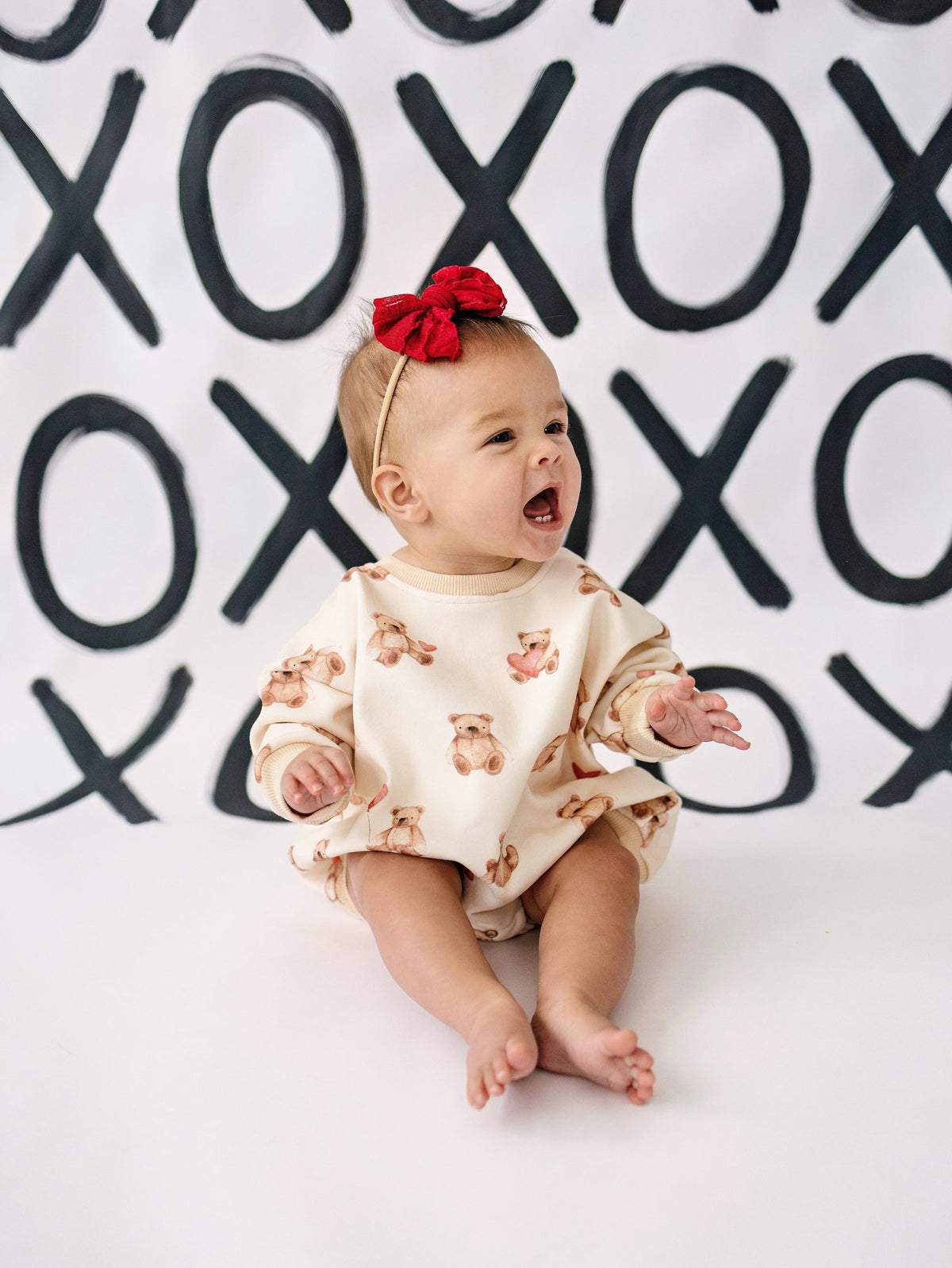 Little Joy Co. Teddy Bear Hearts Plaid Sweatshirt Romper for Baby and Toddler - 