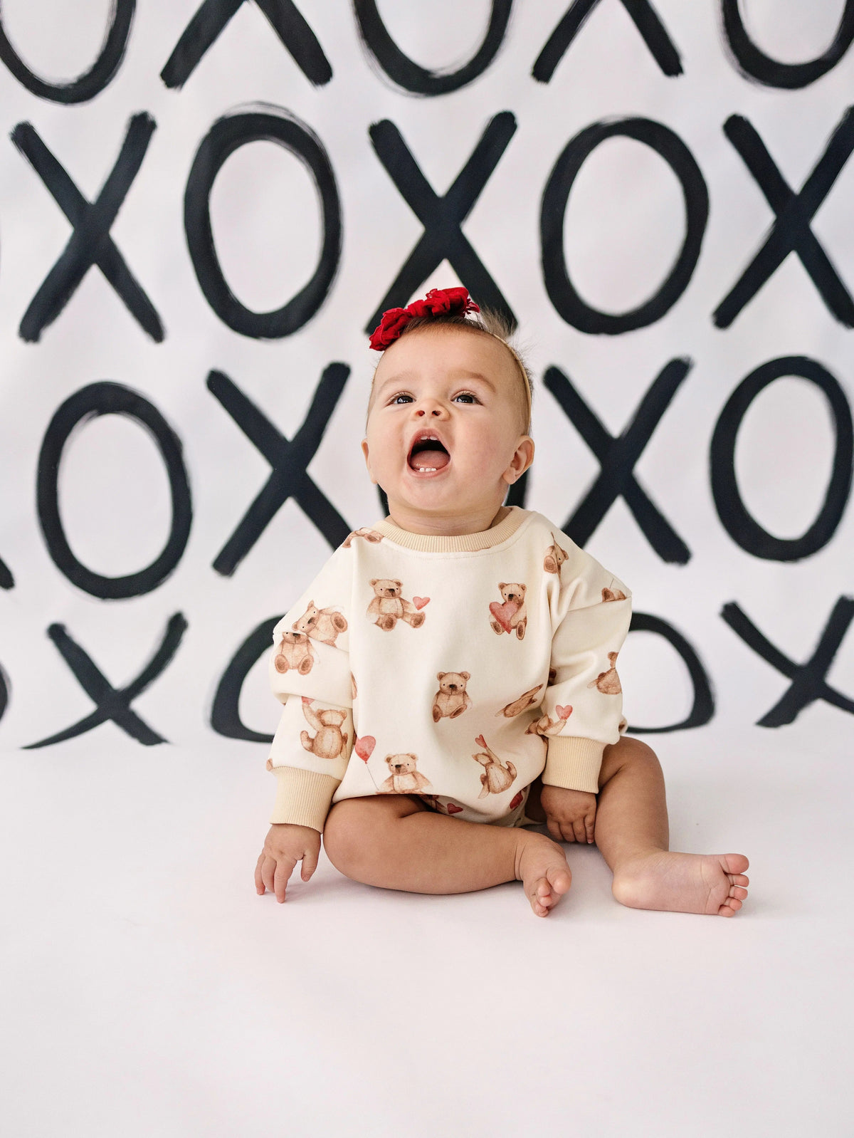 Little Joy Co. Teddy Bear Hearts Plaid Sweatshirt Romper for Baby and Toddler - 