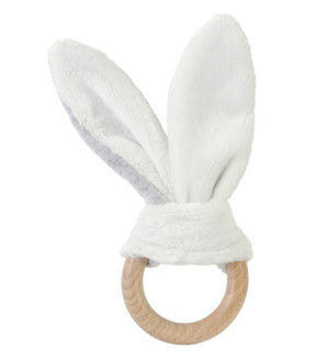 Grey bunny teether with soft fabric ears attached to a round natural wood teething ring