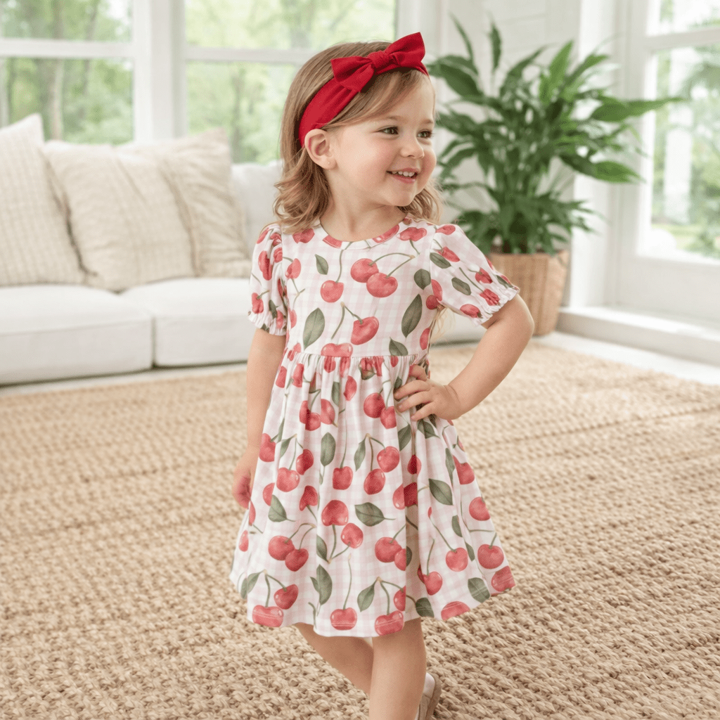 Tesa Babe Tesa Babe Cherry Print Dress With Bamboo Spandex And Puff Sleeves For ToddlersEveretts Place