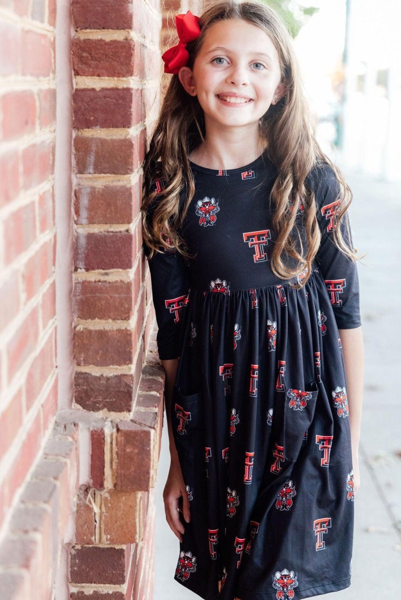 Mila & Rose ® Texas Tech Black Raider Red 3/4 Sleeve Pocket Twirl Dress - 