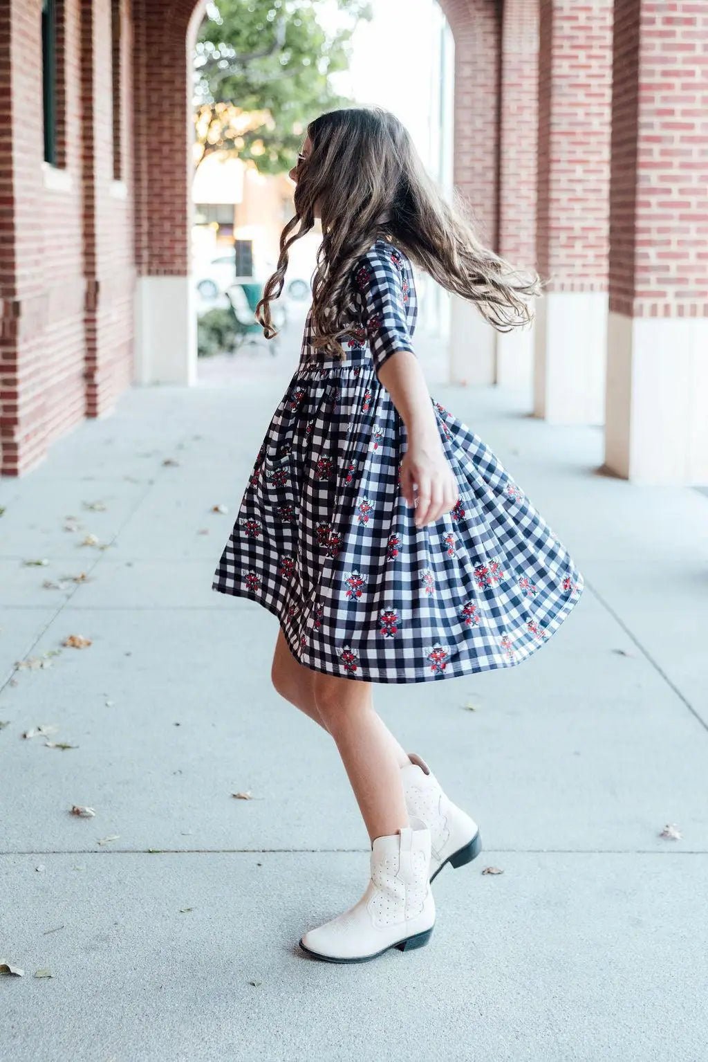 Mila & Rose ® Texas Tech Plaid Raider Red Three Quarter Sleeve Pocket Twirl Dress For Girls - 