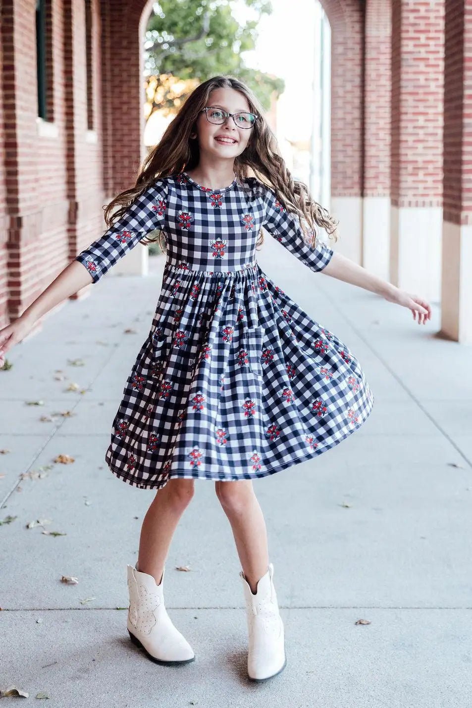 Mila & Rose ® Texas Tech Plaid Raider Red Three Quarter Sleeve Pocket Twirl Dress For Girls - 