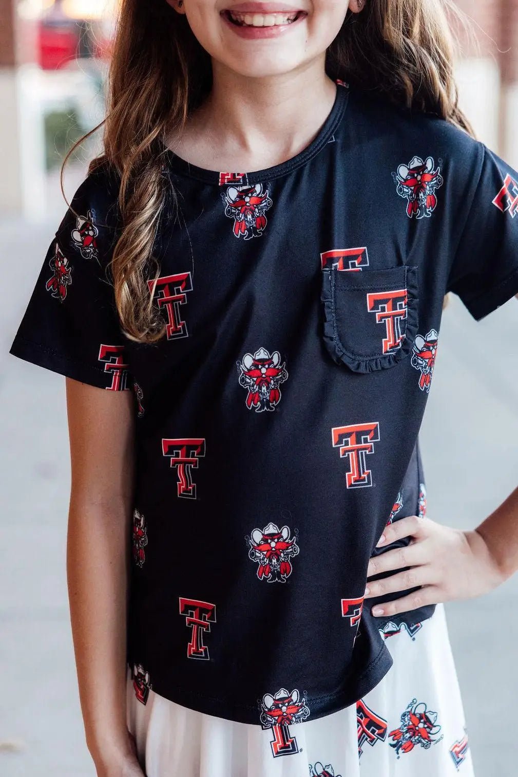 Mila & Rose ® Texas Tech Red Raider Ruffle Pocket Tee For Girls Daily Wear - 