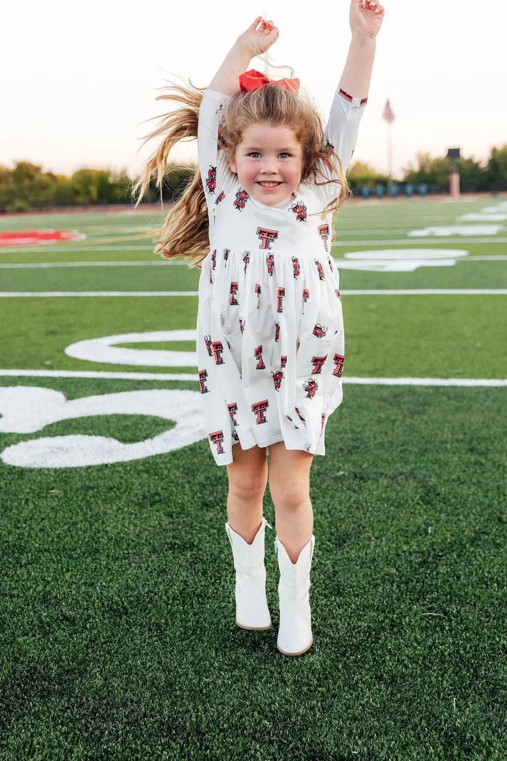 Mila & Rose ® Texas Tech White Raider Red Three Quarter Sleeve Pocket Twirl Dress for Girls - 
