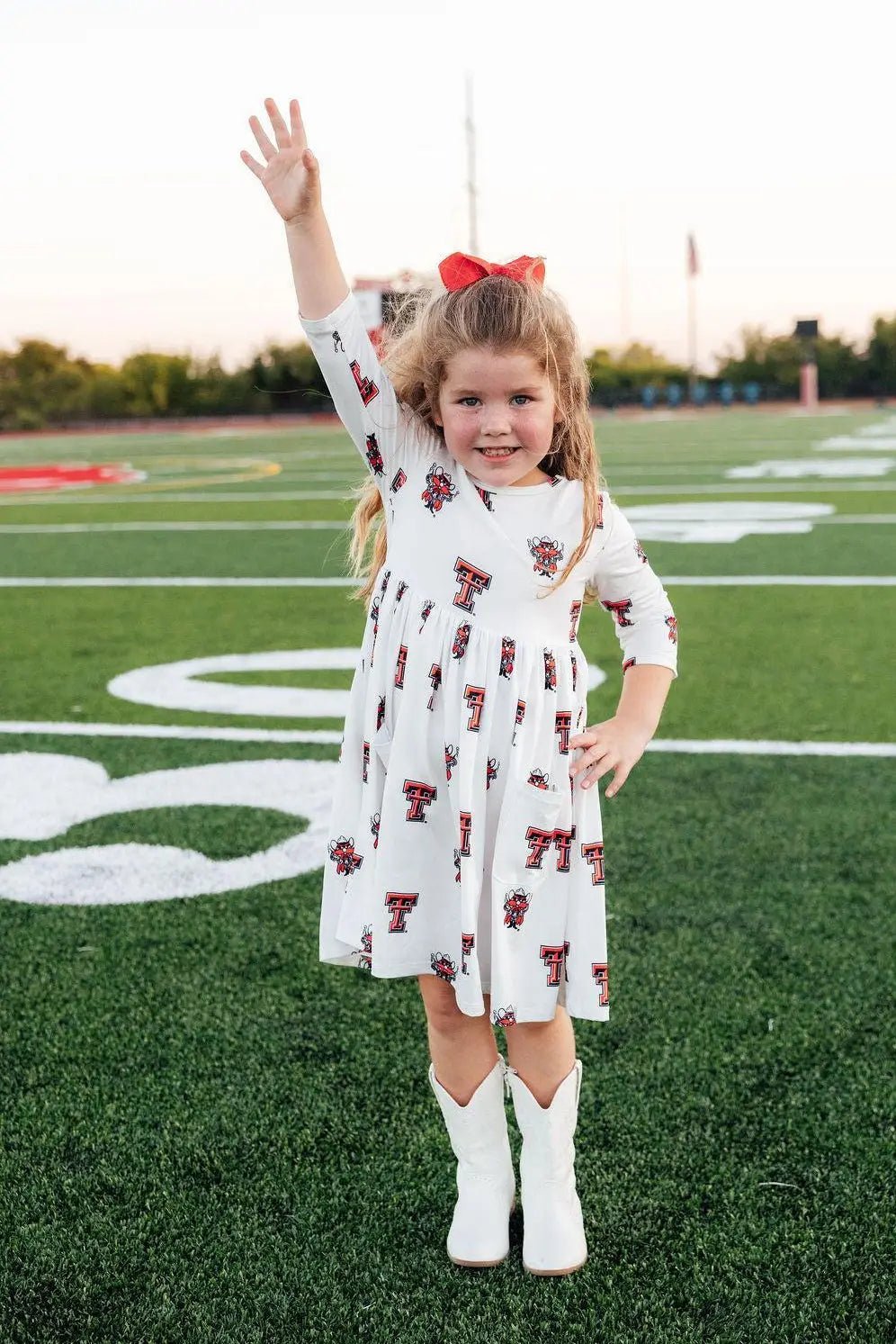 Mila & Rose ® Texas Tech White Raider Red Three Quarter Sleeve Pocket Twirl Dress for Girls - 