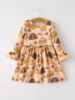 Rylee Faith Designs Thanksgiving Day Turkey Pie Print Ruffle Sleeve Dress for Kids - Everetts Place Boutique - 