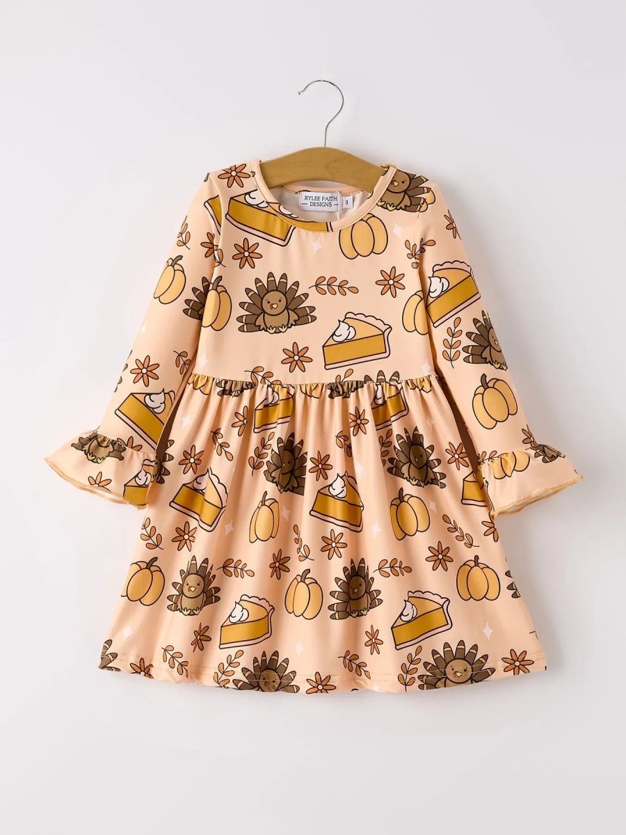 Rylee Faith Designs Thanksgiving Day Turkey Pie Print Ruffle Sleeve Dress for Kids - Everetts Place Boutique - 