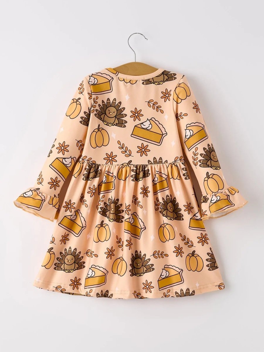 Rylee Faith Designs Thanksgiving Day Turkey Pie Print Ruffle Sleeve Dress for Kids - Everetts Place Boutique - 