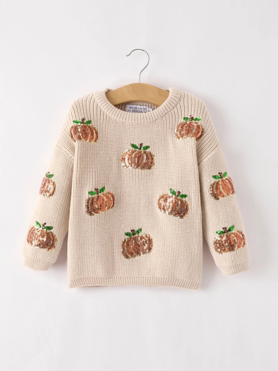 Rylee Faith Designs Thanksgiving Halloween Pumpkin Sequin Sweater Beige Perfect for Fall - 
